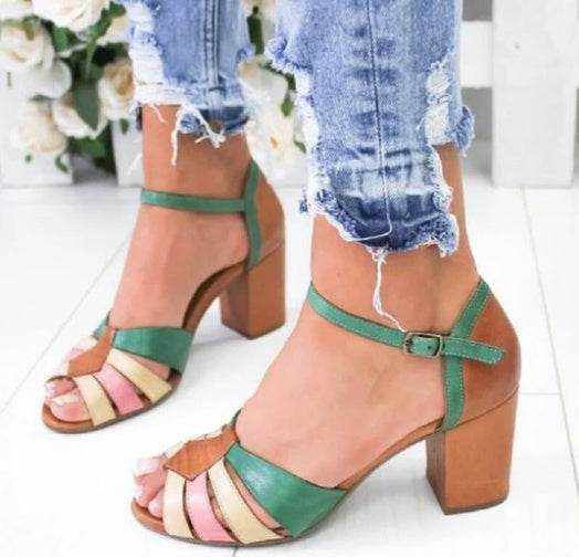 Women's Sandals With Block Heel And Color Block Buckle - Mubimart
