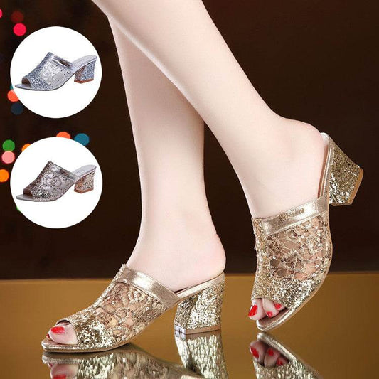 Mules Heeled Sandals Mules Sparkly Sequin Chunky Heel Peep-toe Lace Shoes Daily Party - Mubimart