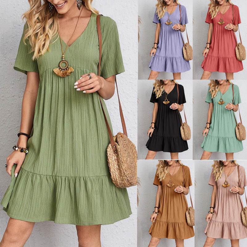 Summer V-neck Dresses Women's Loose Casual Short-sleeved Corset Dress - Mubimart