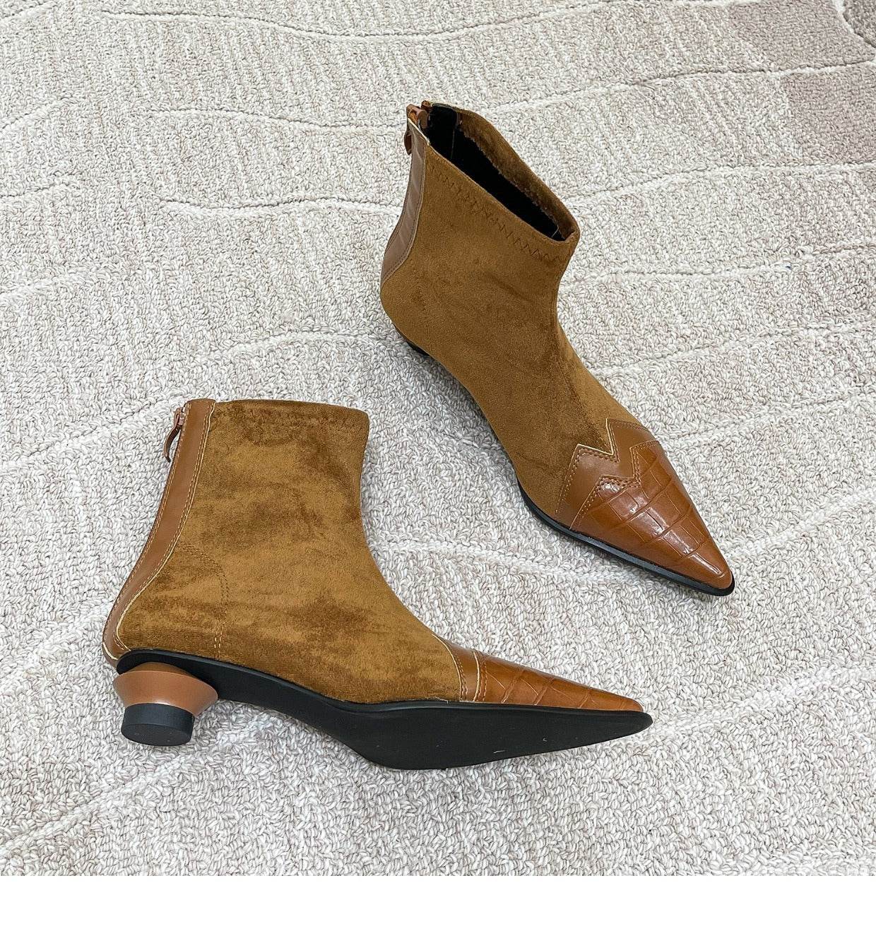Retro Patchwork Pointed Boots Back Zipper Kitten Heel - Mubimart