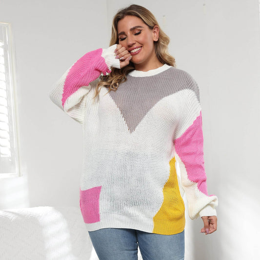 Women's Plus Size Contrast Stitching Pullover Sweater - Mubimart