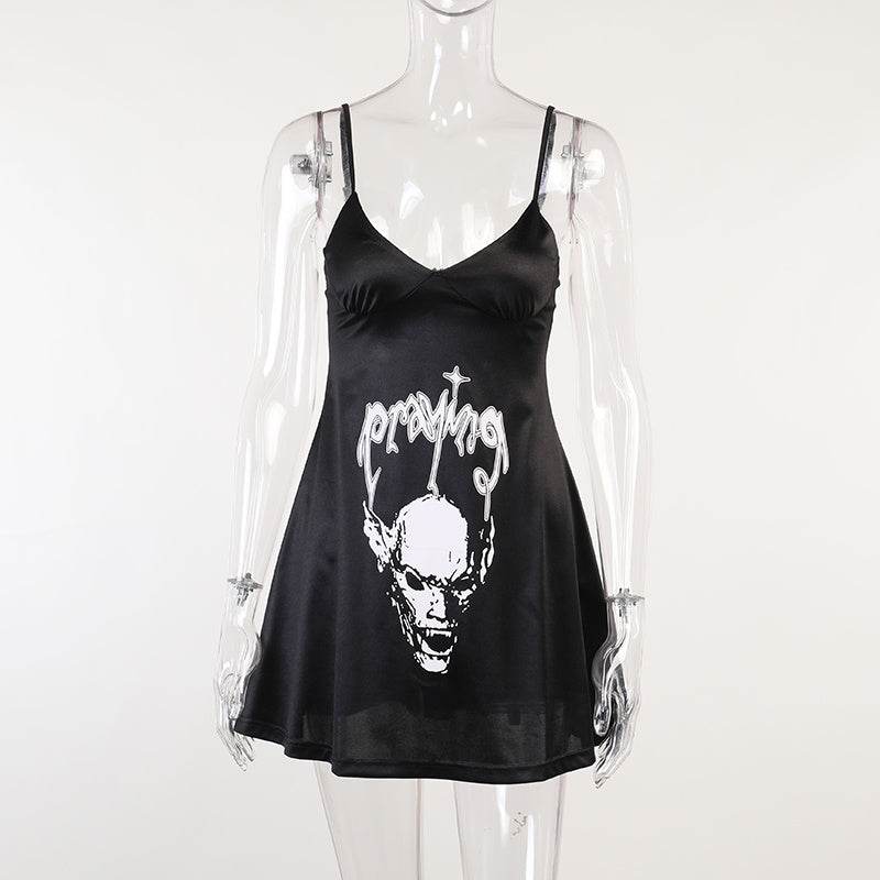 Women's Satin Dark Skull Print Slip Dress - Mubimart