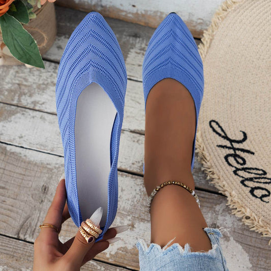 Pointed Toe Bottom Flat Heel Casual Knitted Shoes - Mubimart