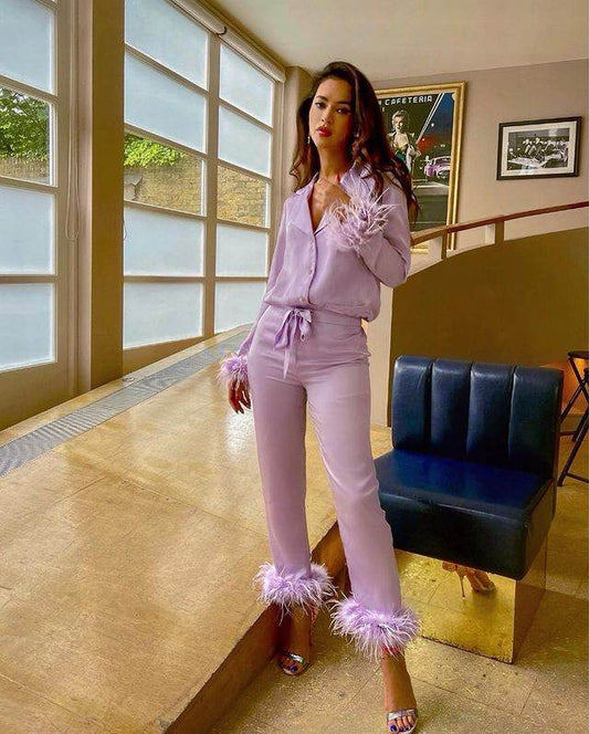 Lapel Top And Feather Trousers Two-piece Pajama Set - Mubimart