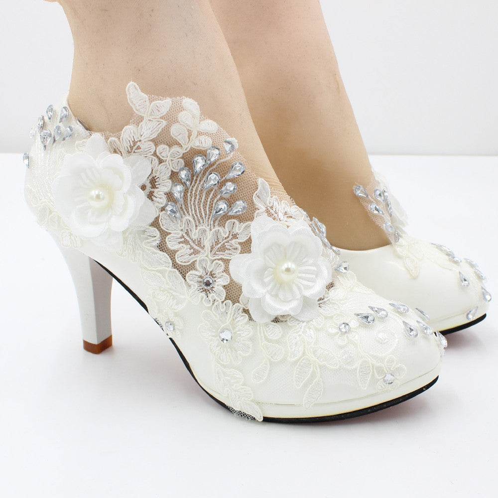 3D Floral White Lace High Heels - Mubimart