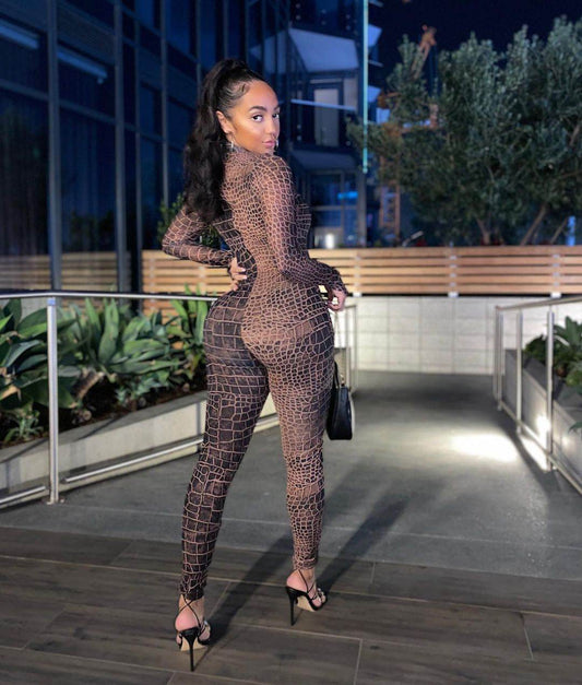Plus Size Women's Crocodile Skin Pattern Mesh Jumpsuit - Mubimart