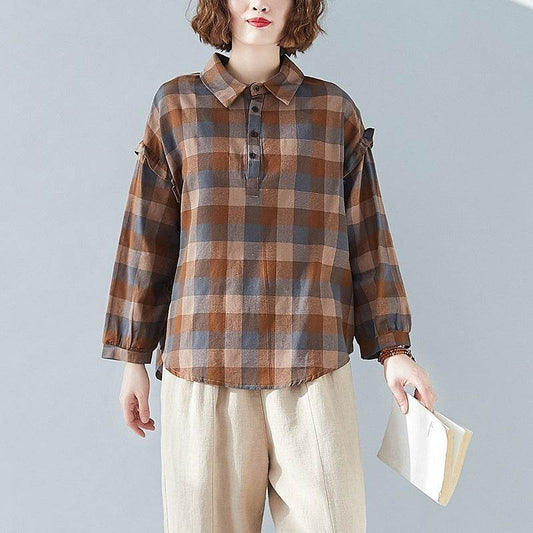 Check Shirt Fat Women Plus Size Women's Clothing - Mubimart