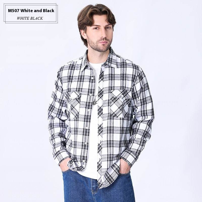 Vintage Flannel Men's Long Sleeve Brushed Plaid Shirt Coat - Mubimart