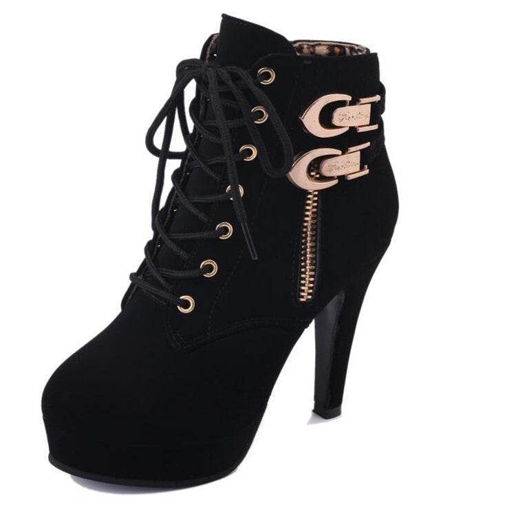Korean Style Short Tube And Ankle Boots Women Fashion High Heels European And American Popular Lace-up Shoes Women - Mubimart