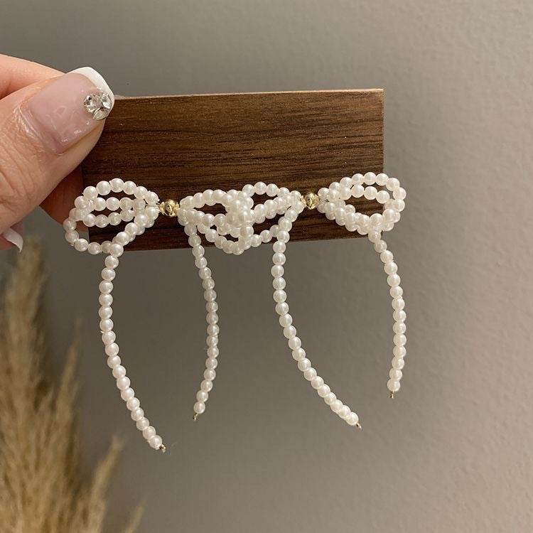 Tassel Stud Earrings Pearl Bow Earrings For Women - Mubimart