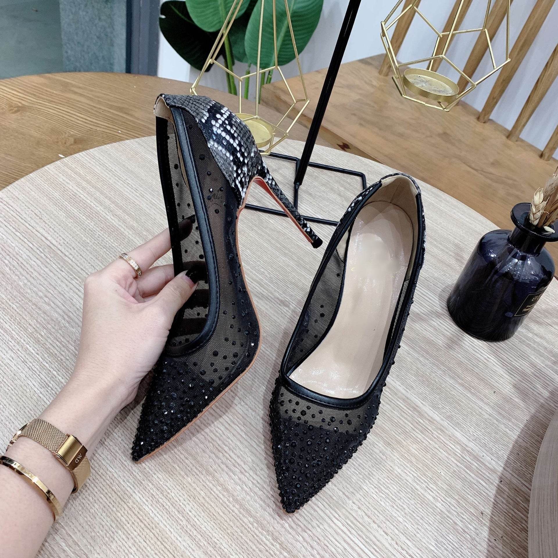 Black Net Rhinestone Snake Print High Heels Stiletto Sexy Pointy Shallow Mouth Work Shoes Trend - Mubimart
