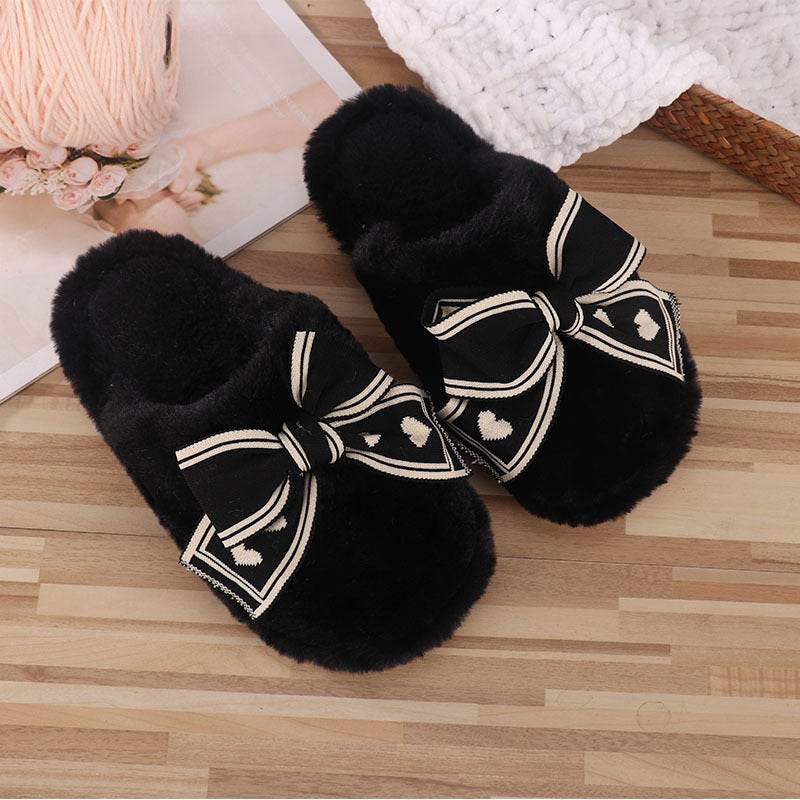 Ins Bow Slippers Home Fashion Warm Non-slip Floor Bedroom Slipper For Women House Shoes - Mubimart