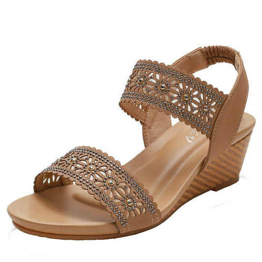 Flower Hollow Out Sandals With Rhinestones Wedges Shoes Women - Mubimart
