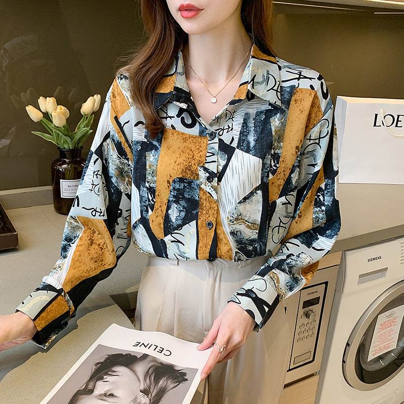 Printed Long-sleeved Shirt Women Loose Design Blouse - Mubimart