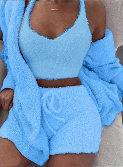 3pcs Womens Clothing Long Sleeve Crop Tank Top And Drawstring Shorts Pajama Set - Mubimart