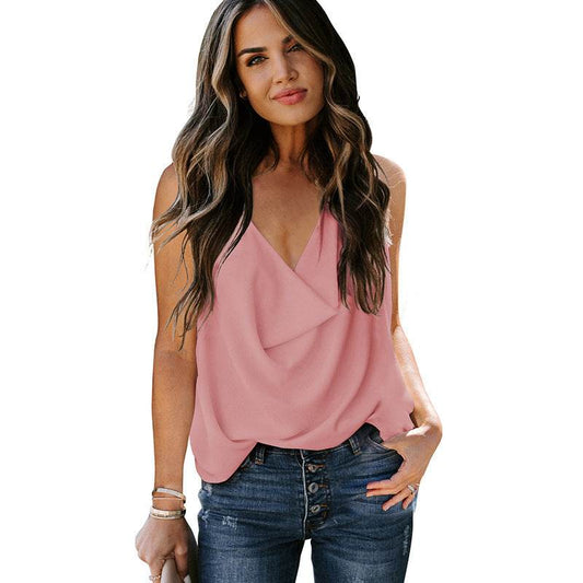 Top Loose V-neck Chiffon Tank Top Women - Mubimart