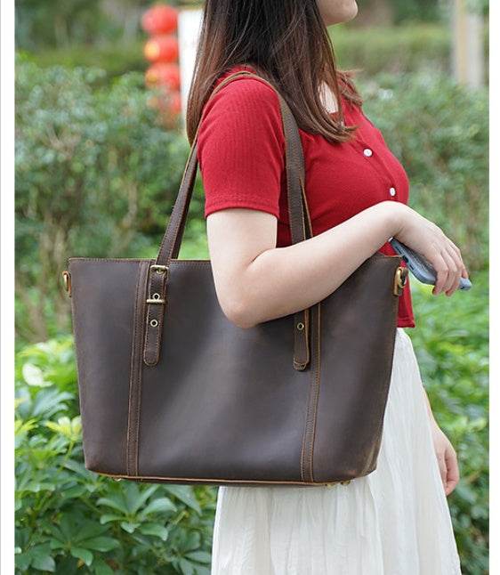 Vintage Style Ladies Genuine Leather Shoulder Bag Women Leather Handbag Tote Bag - Mubimart