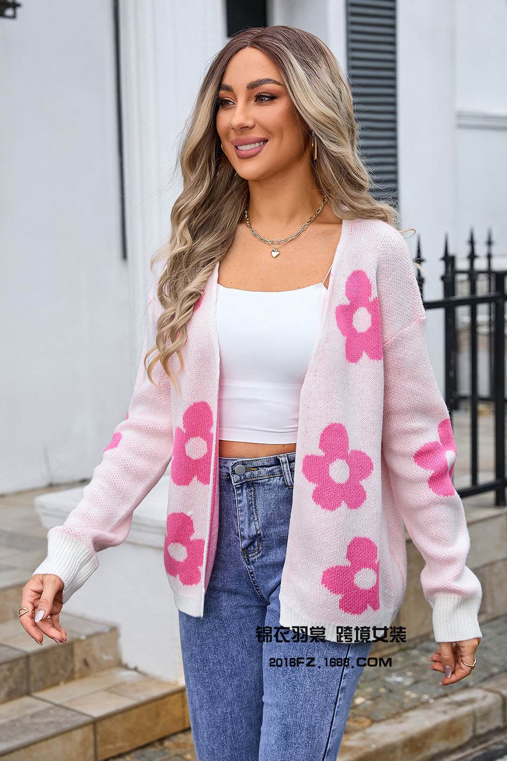 Women's Sweater Plus Size Cardigan Flower Knitted - Mubimart