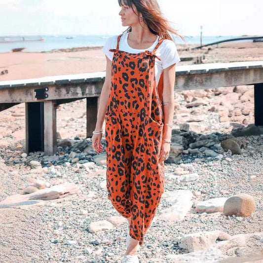 Leopard Print Loose Plus Size All-match Jumpsuit - Mubimart