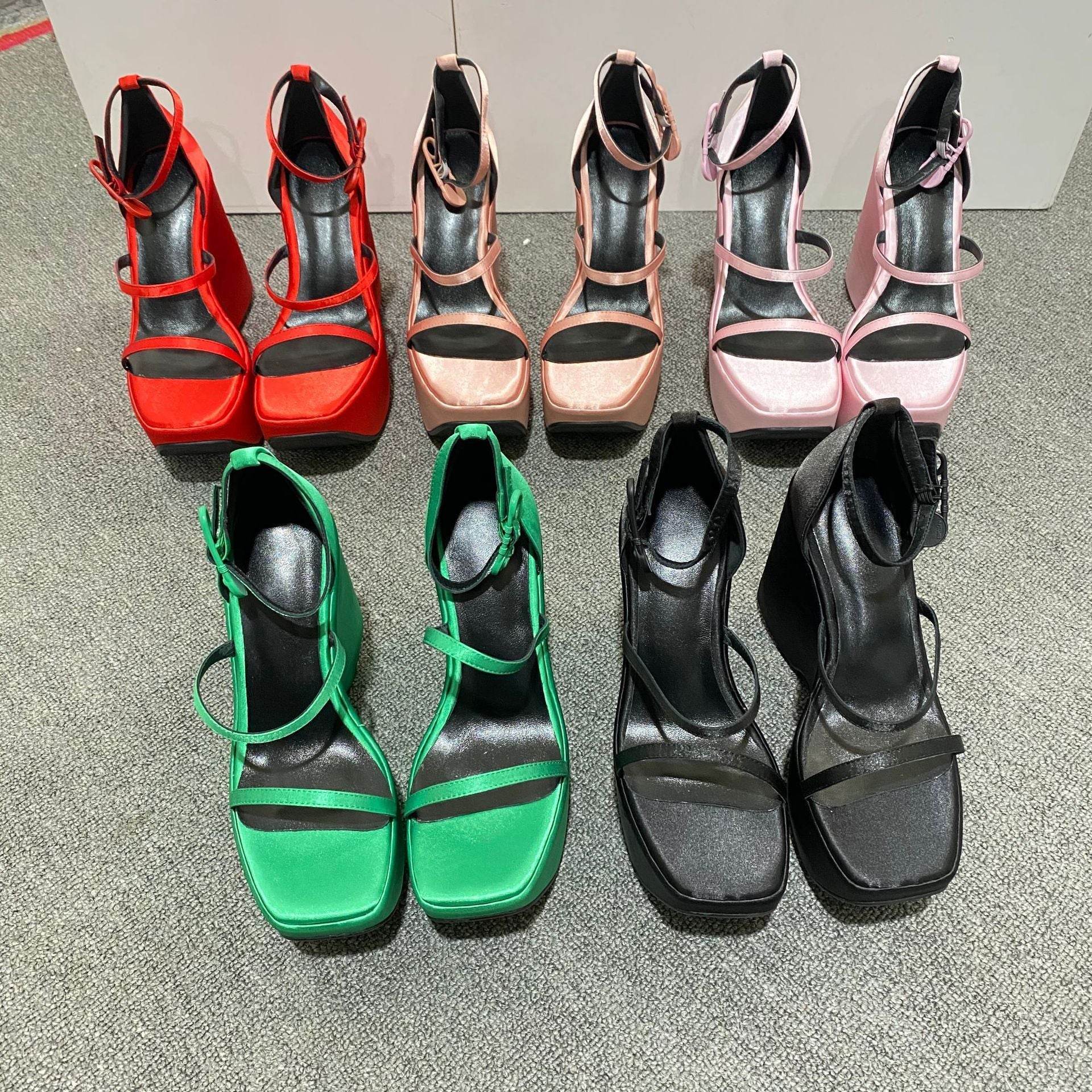 Wedge Square Toe Sandals Stiletto Heels - Mubimart