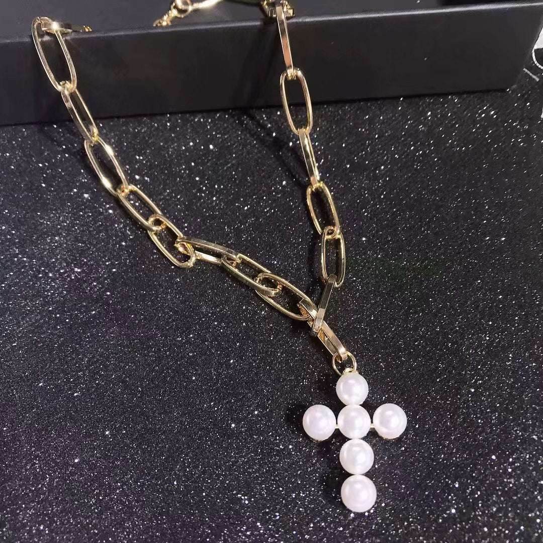 Luxury Design Imitation Pearls Choker Necklace Female Cross Pendant Necklaces for Women Gold Color Fashion Coin Jewelry - Mubimart