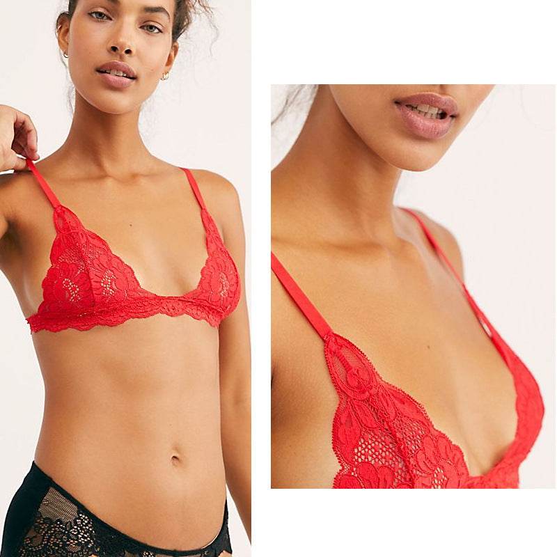 Sexy Lace Triangle Cup Bra Wireless Mesh Deep V Women's Bra Soft And Breathable - Mubimart