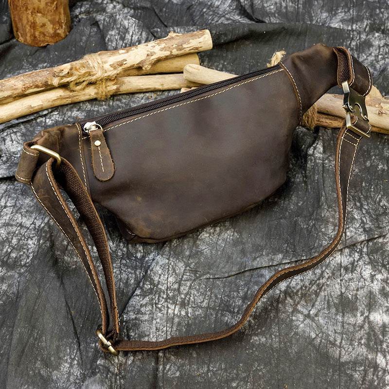 Retro Leather Fanny Pack Men's Crazy Horse Leather Chest Bag - Mubimart