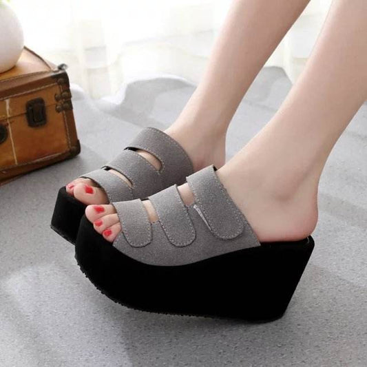 The Korean version of the new spring and summer female slippers Velcro soled sandals with frosted high-heeled platform slope slipper - Mubimart