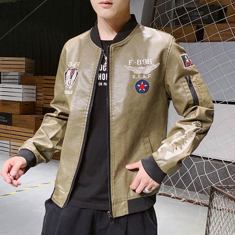 Men's Motorcycle Leather Jacket Embroidered Leather Jacket - Mubimart