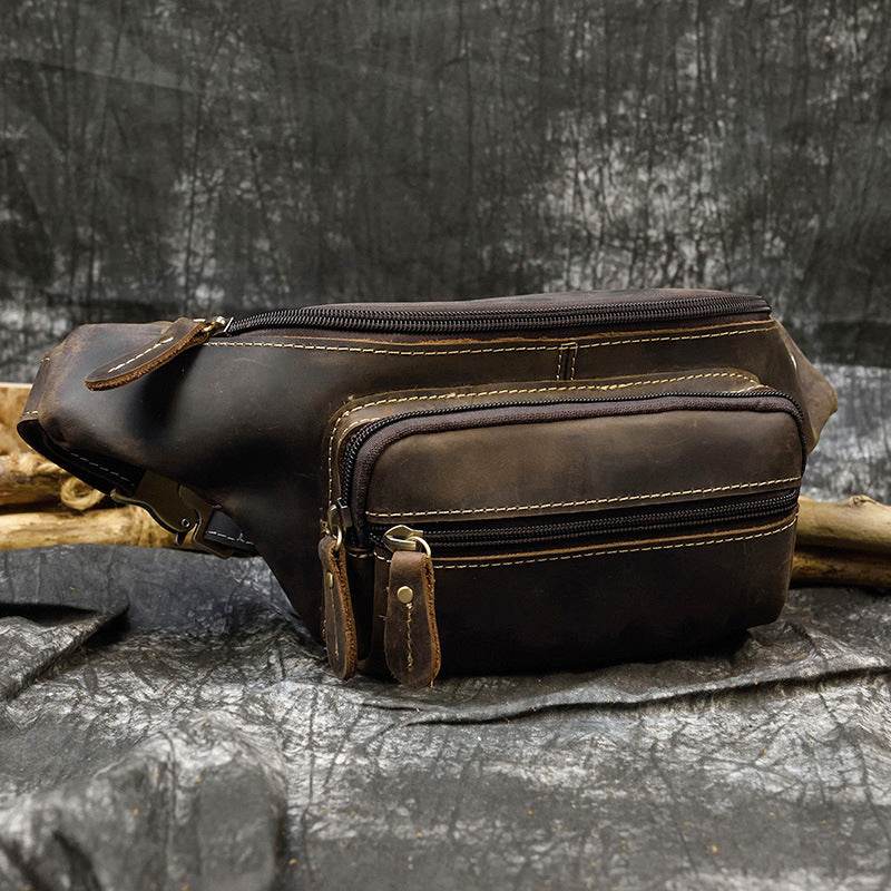 Retro Leather Fanny Pack Men's Crazy Horse Leather Chest Bag - Mubimart