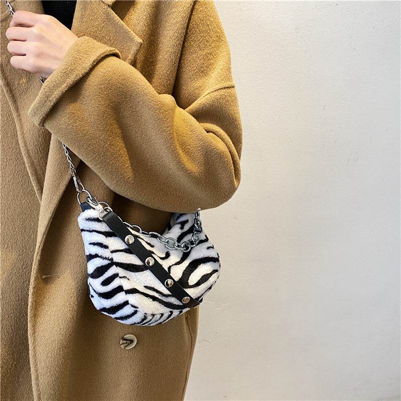 Leopard Pattern Plush Bag Personality Diagonal Women Bag Chain Bag Bag Shoulder - Mubimart