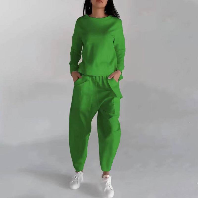 Solid Color Fashion Sweatshirt Long Sleeve Back Slit Top With Pockets Loose Trousers Women's Clothing - Mubimart