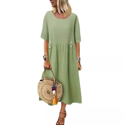 Plus Size Casual Round Neck Shirt With Half Sleeve Button Dress Women - Mubimart