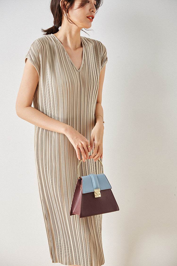 Vintage Inspired Pleated Midi Dress - Mubimart