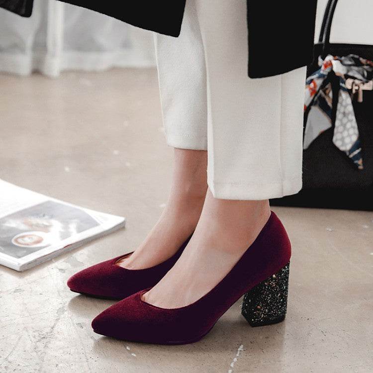 Women's Sequined Chunky High-heeled Pointed Pumps - Mubimart