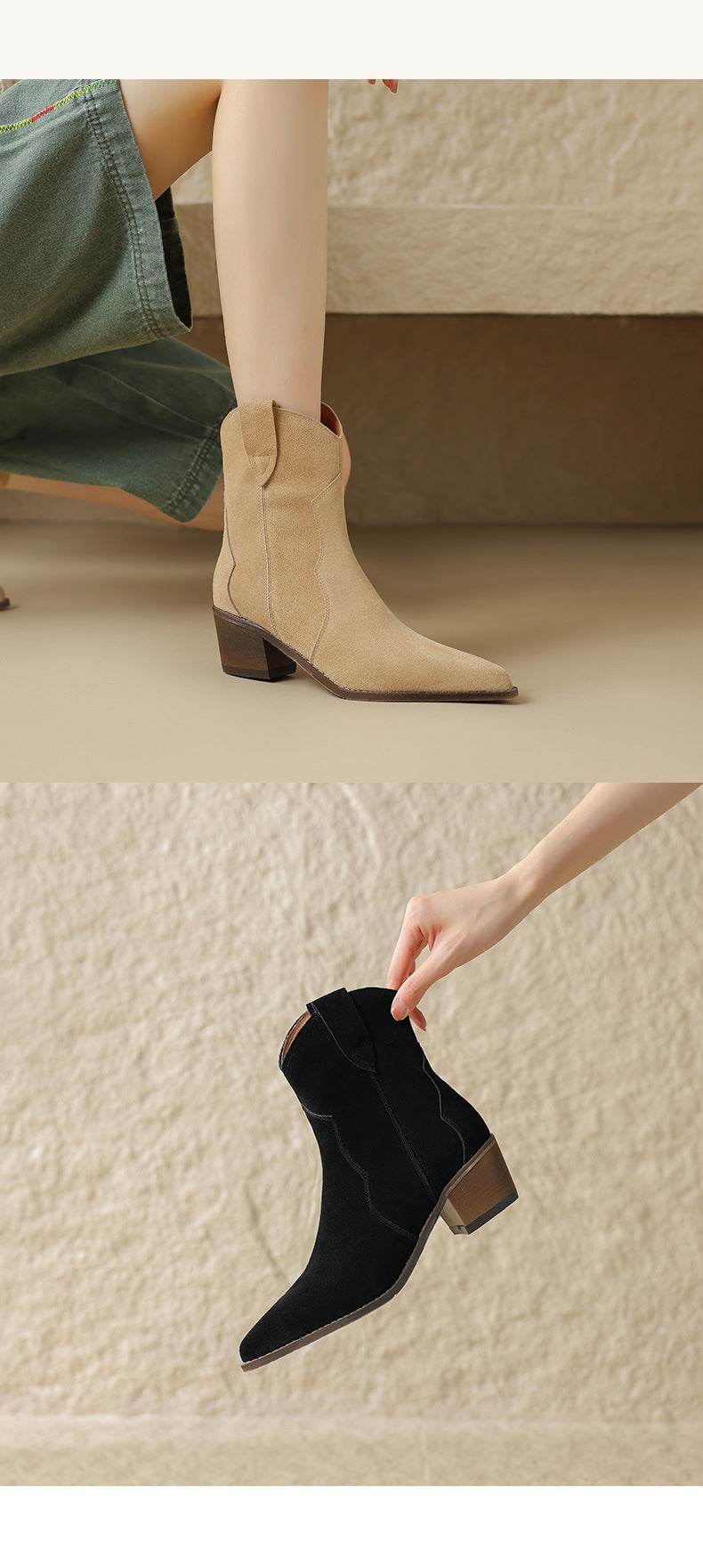 Pointed Toe Chunky Mid Heel Booties Fashion Matte Leather Boots - Mubimart