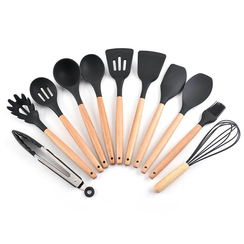 Silicone 11Pcs Kitchen Cooking Utensil Set Non-stick Spatula Heat Resistant Wooden Handle - Mubimart