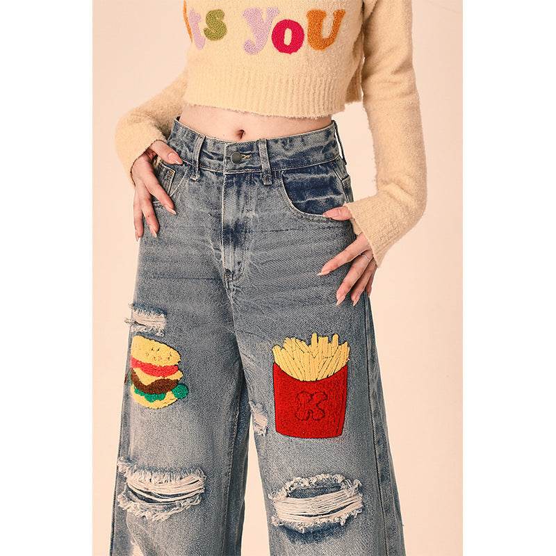 Ripped Jeans Women Loose Straight Wide Leg Oversized Trousers - Mubimart
