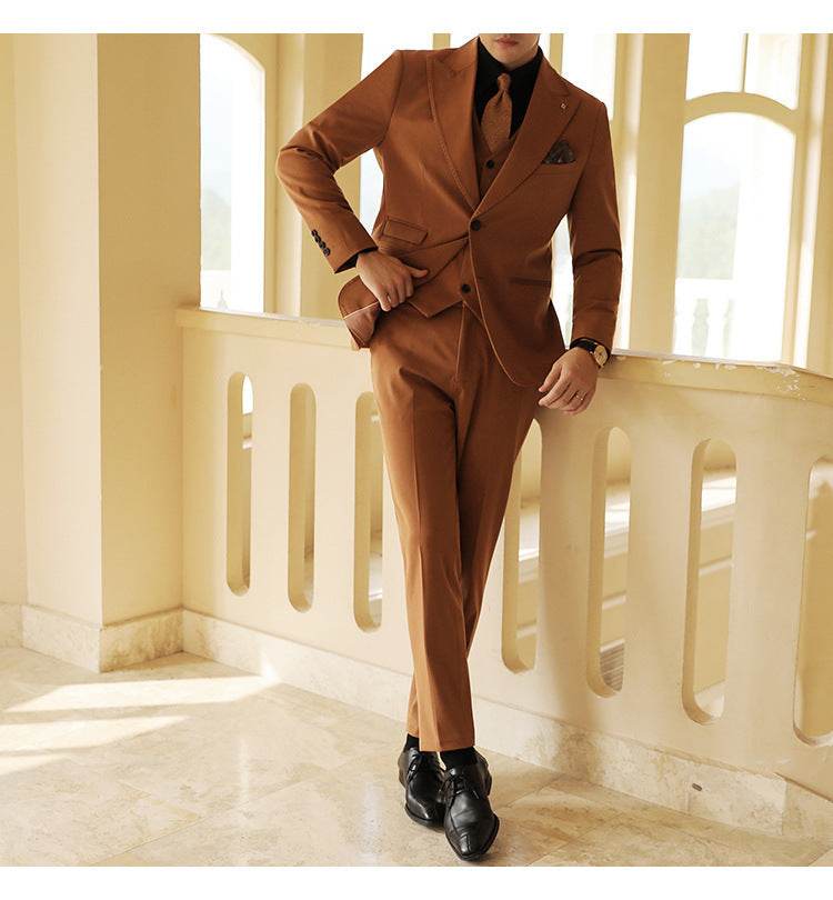 High-end Wedding Bridegroom Suit Suit Closure Collar Suit Three-piece Suit Men Caramel - Mubimart
