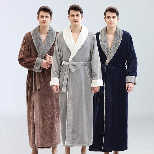 Men's Winter Plus Size Long Bathrobe Coral Fleece Full Length Pajamas - Mubimart