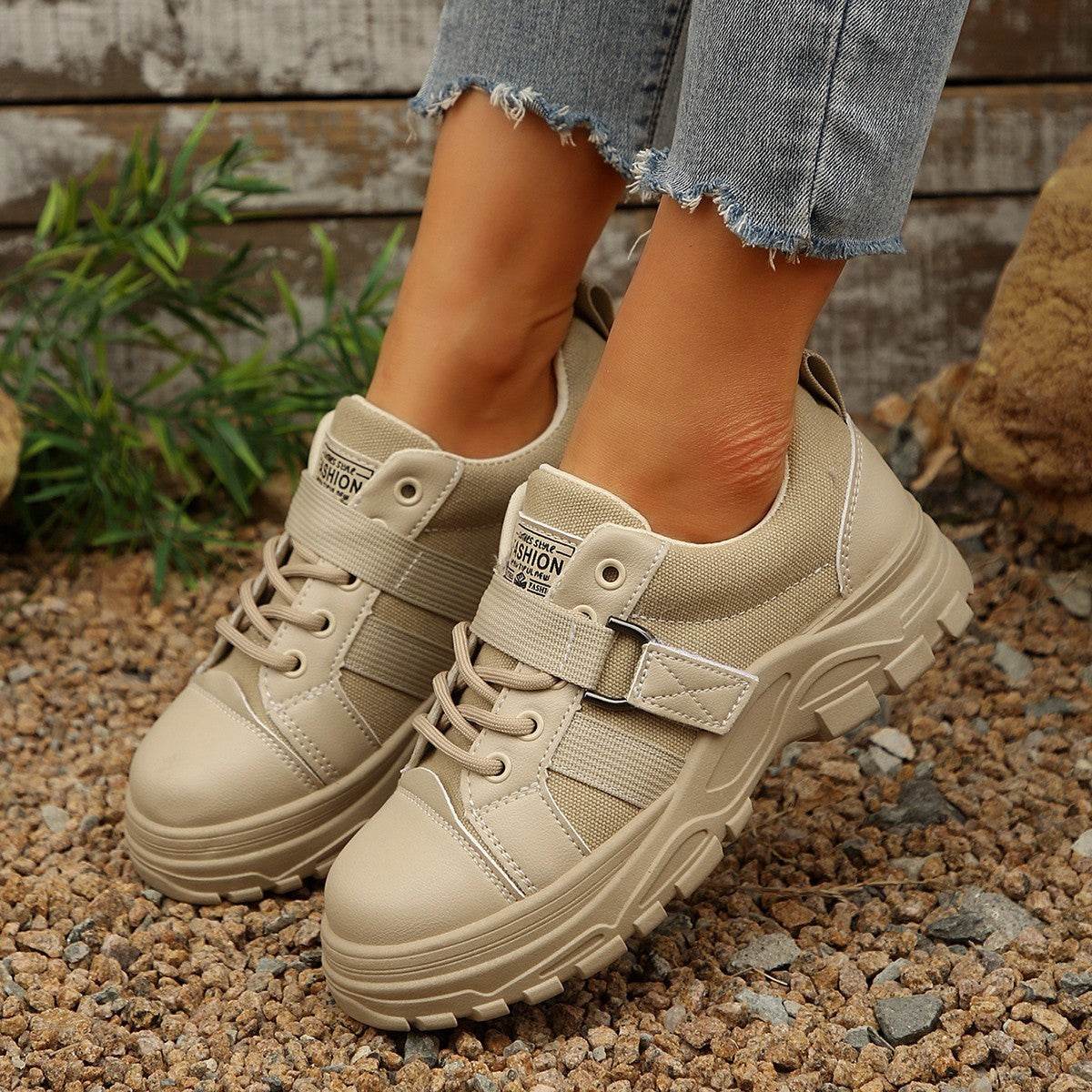 Lace-up Canvas Shoes With Hook Design Fashion Breathable Thick-soled Round-toe Casual Shoes For Women Sneakers - Mubimart