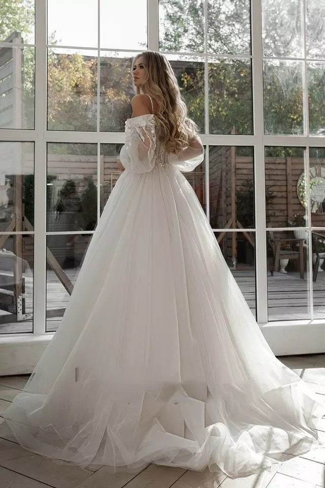 Boho Bride Gown Puff Sleeve Off Shoulder Wedding Dresses - Mubimart