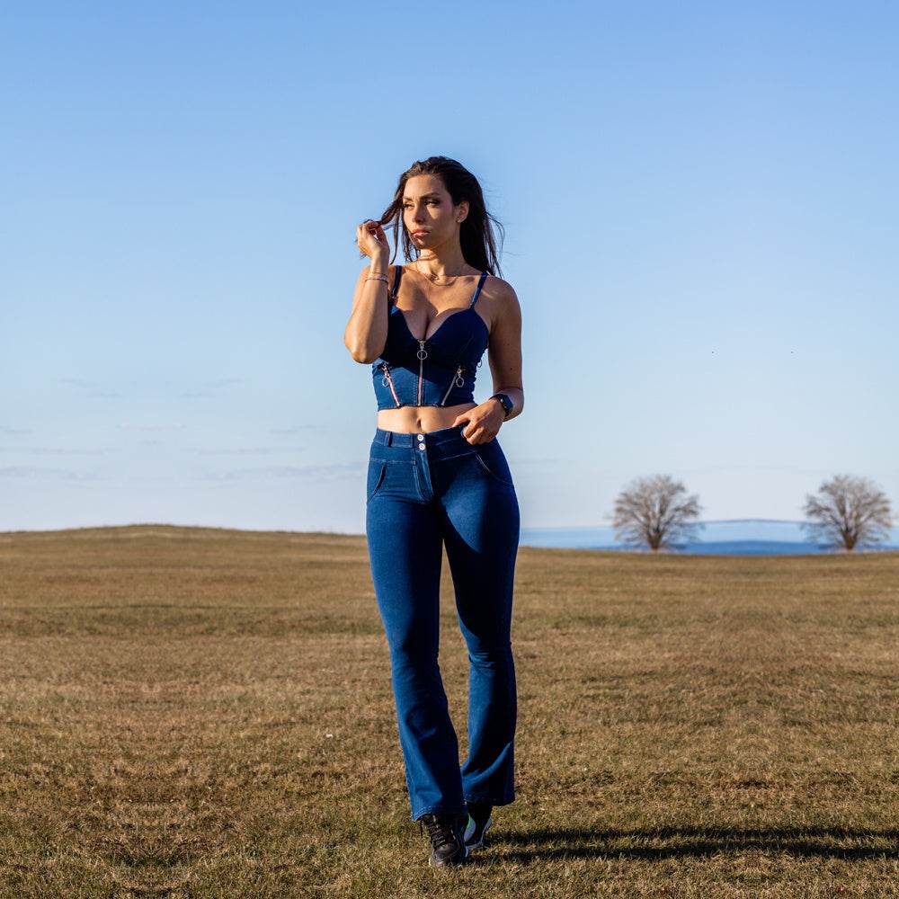 Shascullfites Women's Suit Dark Blue Bodysuit Zipper Push Up Top Middle Waist Flare Jeans Women 2 Pieces Pant Sets - Mubimart