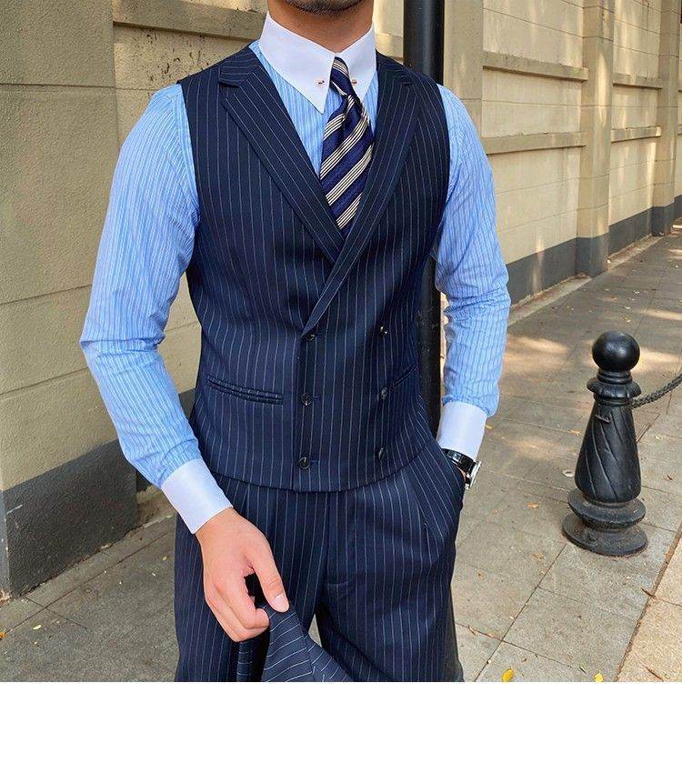 Men's Striped Suit Vest Italian Style Neapolitan Double Breasted Lapel Vest - Mubimart