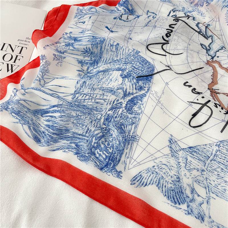 New Cotton And Linen Scarf National Style Long Large Size Shawl Thin Autumn And Winter Scarf Women's Simple Line Map Pattern - Mubimart