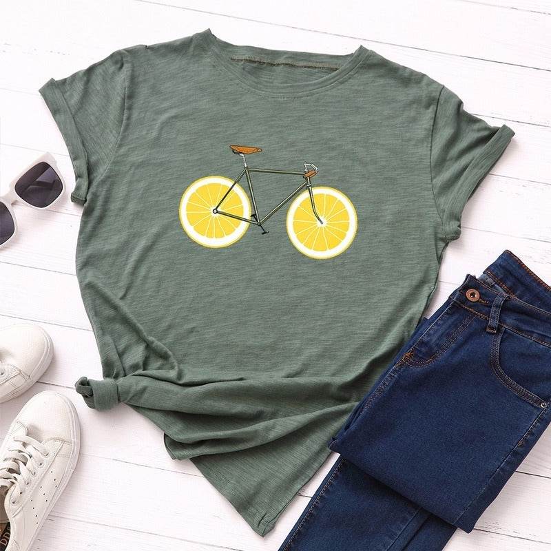 Cute bike print plus size t shirt - Mubimart