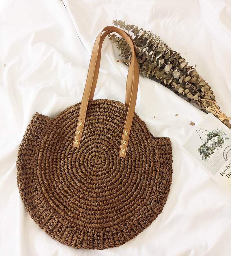 Round Straw Bags Women Summer Rattan Bag Handmade Woven Beach Cross Body Bag - Mubimart
