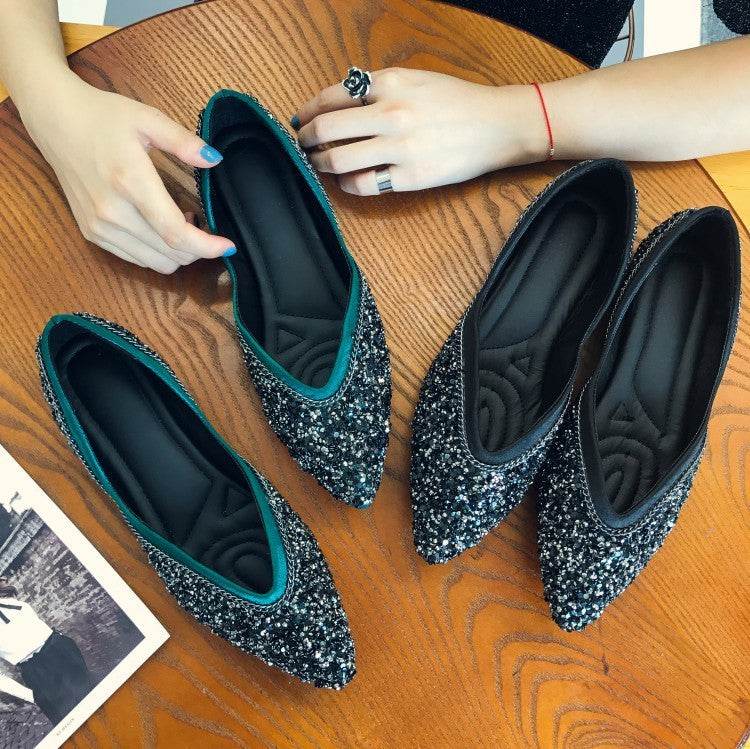 Sequins Flats Pointed Toe Flat Slip-on Shoes - Mubimart