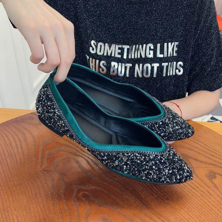 Sequins Flats Pointed Toe Flat Slip-on Shoes - Mubimart