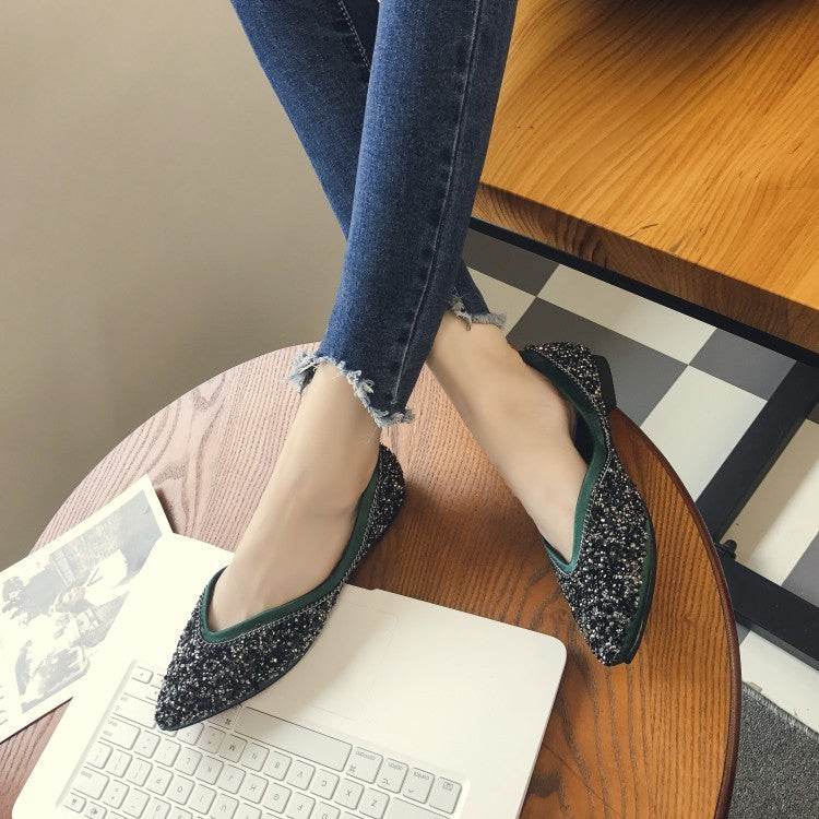 Sequins Flats Pointed Toe Flat Slip-on Shoes - Mubimart
